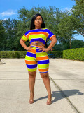 Fashion Striped Printed Round Neck T-Shirt With Shorts Two Piece Suit JLX6870
