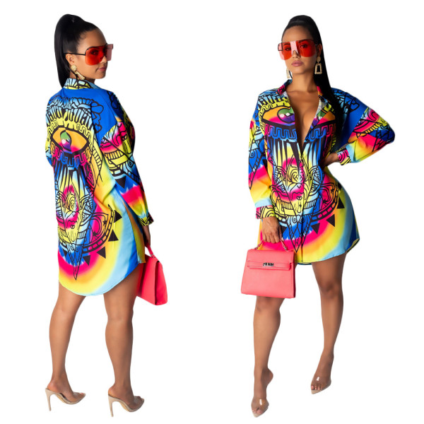 Street Style Ladies Printing Button Down Shirt Dress YYZ723