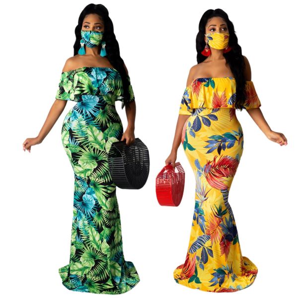 Sexy Digital Printed Off Shoulder Bodcon Long Dress SMR9660