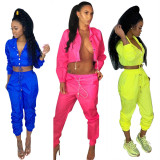 Sport Solid Crop Top Elastic Skinny Pants With Pockets LS6235