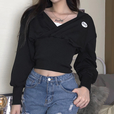 Fashion Letter Embroidery V-Neck Long Sleeves Hooded Short Sweater LQ5694W0H