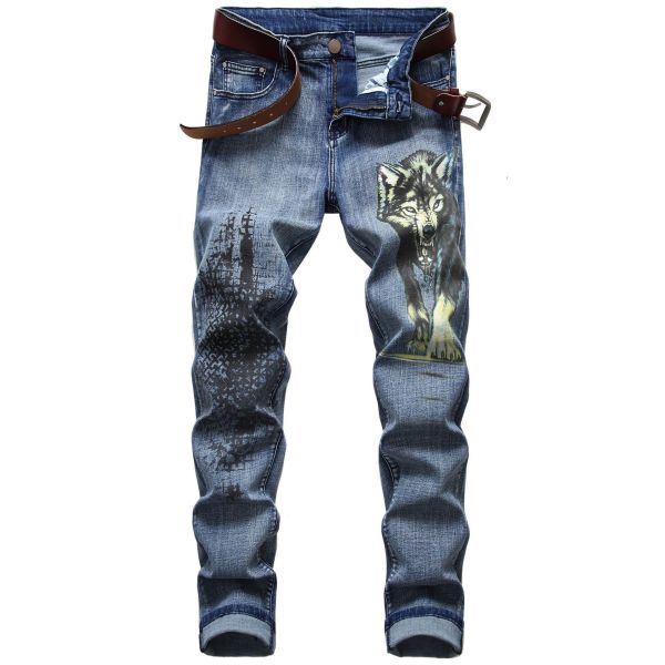 Men's Stretch Print Graphic Wolf Head Slim Jeans TX918
