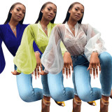 Sexy V Collar Ladies Pure Color Lantern Sleeves Chiffon Shirt F8228