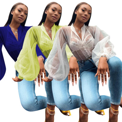 Sexy V Collar Ladies Pure Color Lantern Sleeves Chiffon Shirt F8228