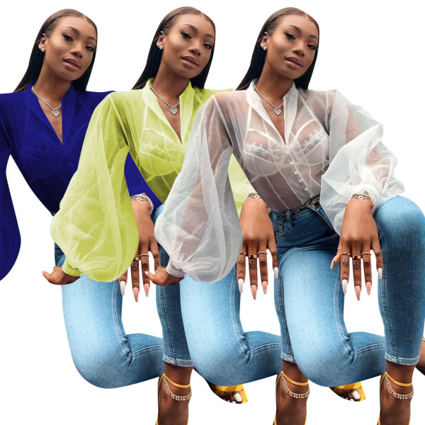 Sexy V Collar Ladies Pure Color Lantern Sleeves Chiffon Shirt F8228