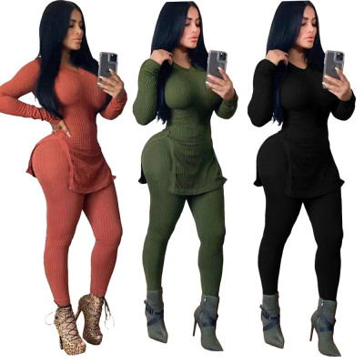 Leisure Solid Color Female Outfits Split Knitwear Skinny Pants MN8081