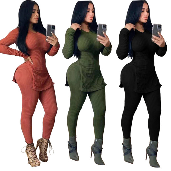 Leisure Solid Color Female Outfits Split Knitwear Skinny Pants MN8081