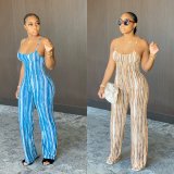 Sexy Suspenders Backless Striped Printeed Jumpsuit N9215