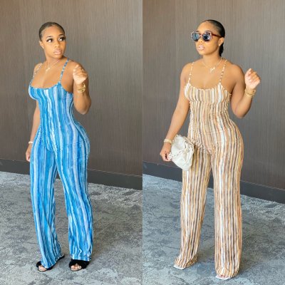Sexy Suspenders Backless Striped Printeed Jumpsuit N9215