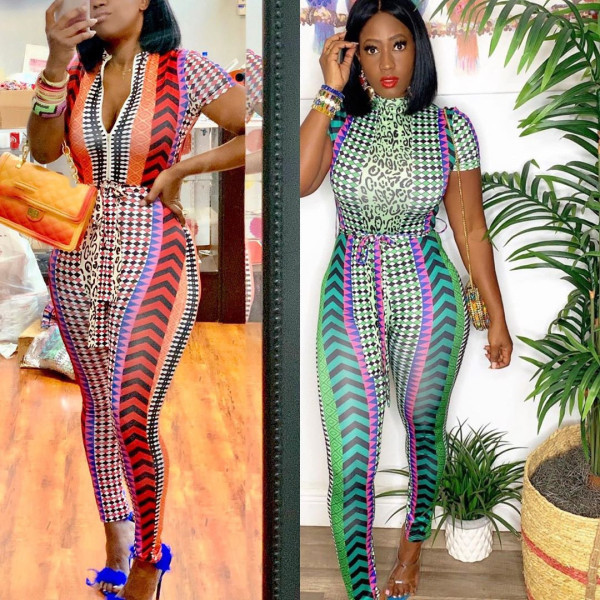 Euramerican Zip Up Printing Belted Bodycon Jumpsuit OEP6029