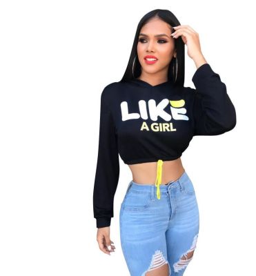 Black Letter Print Hoodie Crop Tops W8140