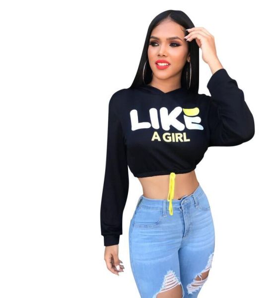 Black Letter Print Hoodie Crop Tops W8140