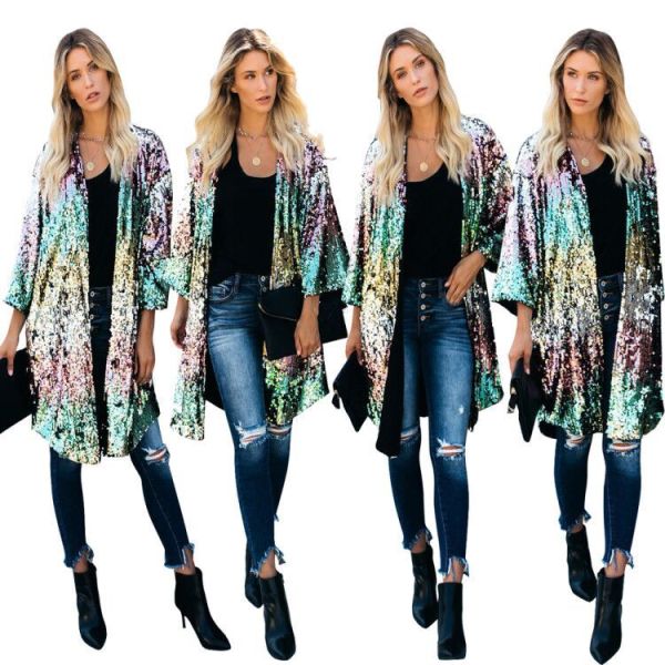 Newest Glitter Sequins Multicolor Cardigan Long Coat TRS981