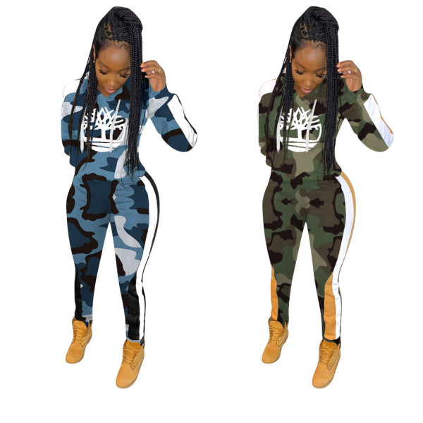 Hiking Female Plus Size 2 Pieces Camouflage Hooded Outfits MTY6221