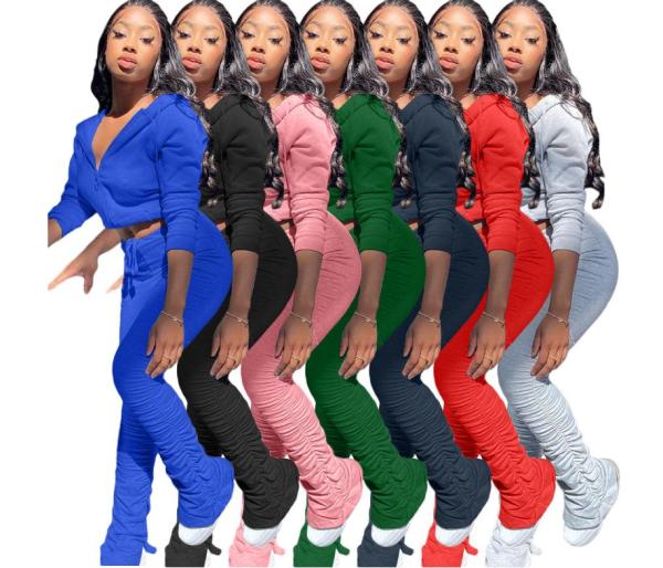 Sports Solid Color Zipper Long Sleeves Hooded Pocket Cardigan With Pleated Split Trousers Two Piece