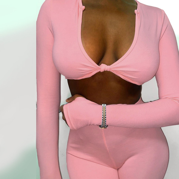 Fashion trend women's solid color sexy peach collar long sleeve sports suit S1738126
