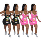 Sexy Letter Printed Suspender Backless Bodycon Mini Dress SDD9282