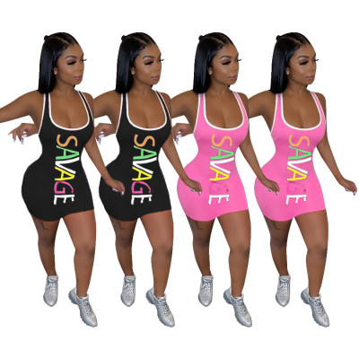 Sexy Letter Printed Suspender Backless Bodycon Mini Dress SDD9282