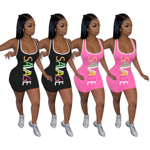 Sexy Letter Printed Suspender Backless Bodycon Mini Dress SDD9282
