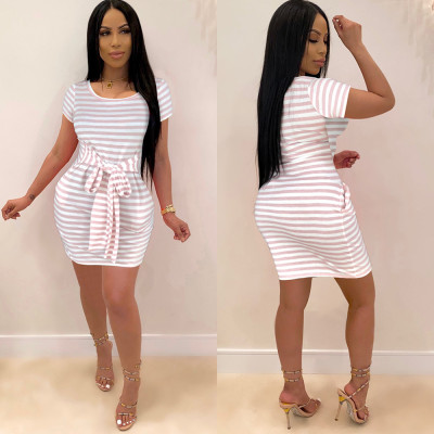 Round Neck Slim Stripe Lace Dress Nightclub Skirt FX104