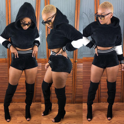 Winter Black Suits Long Sleeve Hoodie Bodycon Shorts U7062