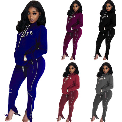 Autumn Letter Printed Long Sleeves Hooded Sweater With Trousers Two Pieces Sets CM789