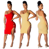 Trendy Pure Color Split Dress With Button AMM8148