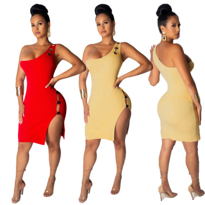 Trendy Pure Color Split Dress With Button AMM8148