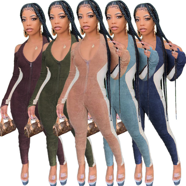 Sexy Contrast Stitching Zipper V-Neck Long Sleeves Bodycon Jumpsuit ALS6298