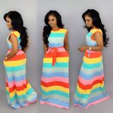 Lovely Striped Round Collar Iridescent Long Dress MTY6186