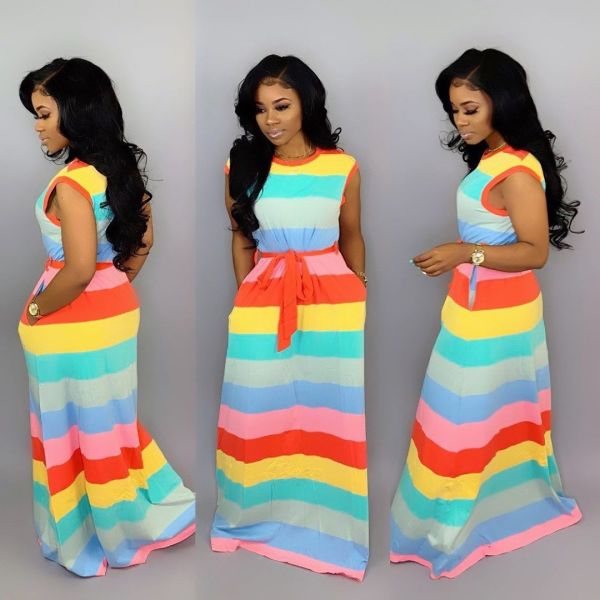 Lovely Striped Round Collar Iridescent Long Dress MTY6186