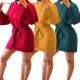 Street Style Pure Color Leisure Buckle Sleeves Hoodie Tied Dress OEP607