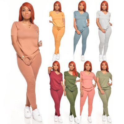 Casual solid color top v-neck T-sleeve simple home pencil pants trousers two-piece suit women CCY863