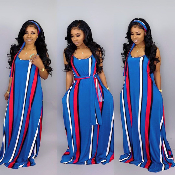 Summer Beach Stripe Patchwork Condole Belt Maxi Dress BS1085