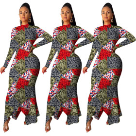 Camouflage Plaid Printed Bodycon Fishtail Dress For Sale ZH5139