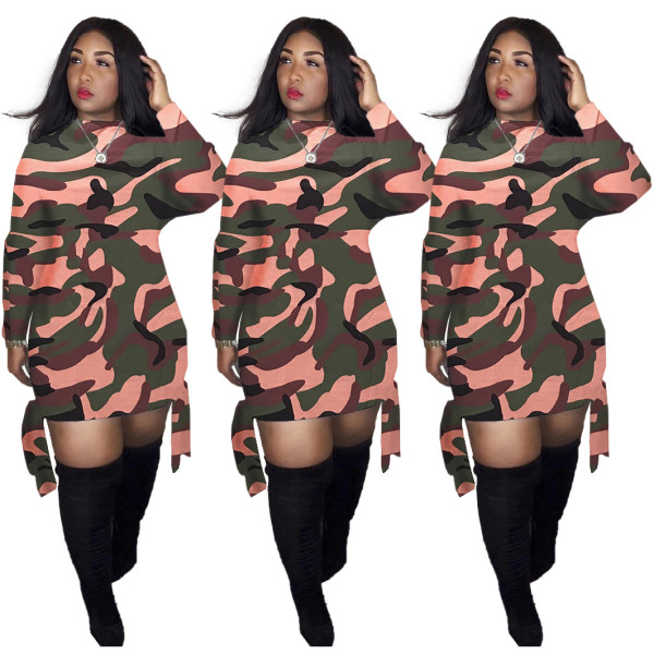 Factory Price Long Sleeves Bandage Camouflage Dress HR8072