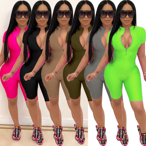 Sexy Zipper V-Neck Solid Color Sports Slim Jumpsuit BN7104