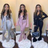 Sexy Solid Color V-Neck Long Flared Sleeves Lace-Up Cropped Top With Trousers Two Piece Sets MOM5060