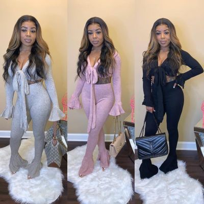 Sexy Solid Color V-Neck Long Flared Sleeves Lace-Up Cropped Top With Trousers Two Piece Sets MOM5060
