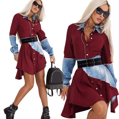 Elegant Plaid Shirt Patchwork Long Sleeve Irregular Dress HHM6124