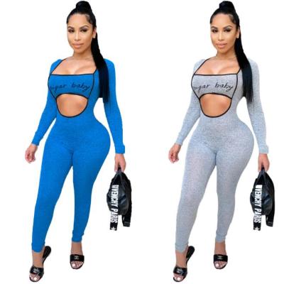 Sexy Letter Printed Square Collar Long Sleeves Hollow Out Jumpsuit MG1018