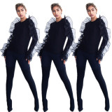 Cheap Black Mesh Ruffle Women T-Shirt YYZ811
