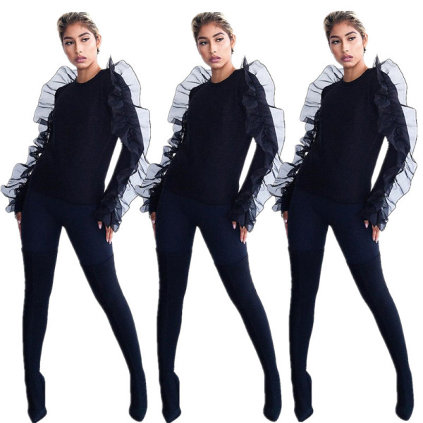 Cheap Black Mesh Ruffle Women T-Shirt YYZ811