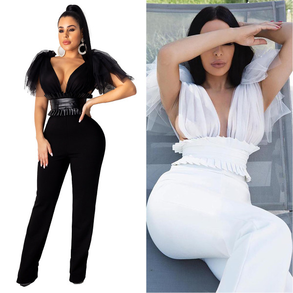 Irregular Perspective Solid Color Deep V Collar Sexy Jumpsuit ZS0231