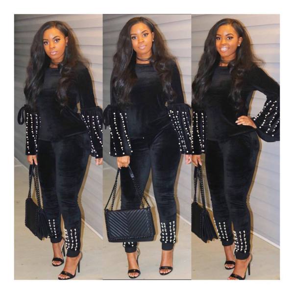 Black Beading Velvet Sports Suits MA6091