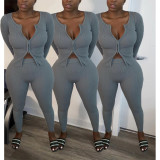 Casual Solid Color Zipper Round Neck Long Sleeves Top With Trousers Two Piece Set RM9717