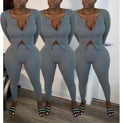 Casual Solid Color Zipper Round Neck Long Sleeves Top With Trousers Two Piece Set RM9717