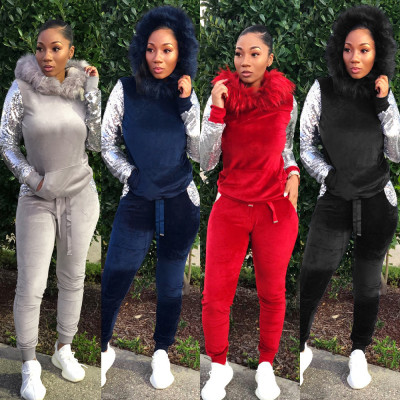 Hot Sequin Sleeves Plush Hoodie Elastic Skinny Pants K8671