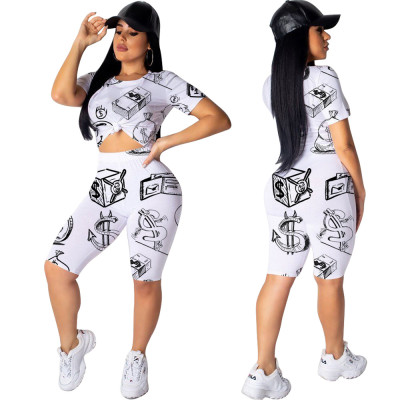 Bodycon Print Comfy Polyester Shorts Suits For Women HM5219