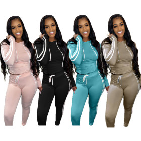 Autumn Striped Stitching Long Sleeves Hooded Sweater With Drawstring Trousers Two Piece Set JCH7025